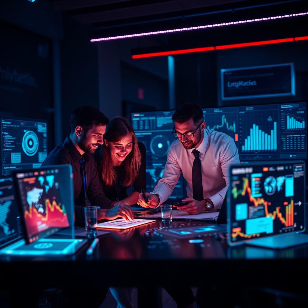 J Interactive team collaborating around fintech dashboards